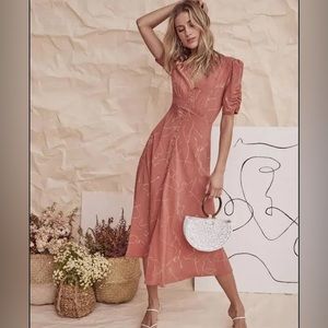 ASTR The Label Line Print Button Front Ruched Puff Sleeve Midi Dress